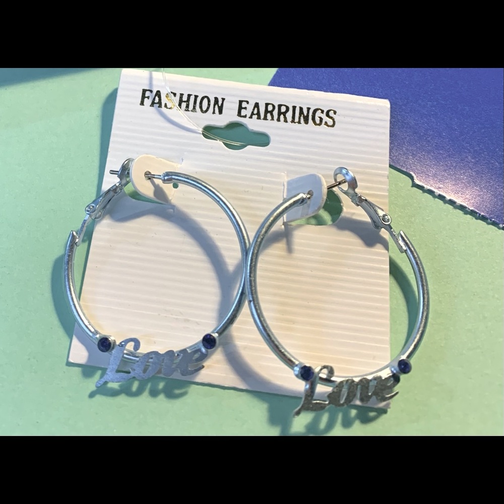 Lovely- Blue and Silver-tone Sapphire “Love” large Hoop Earrings.  Very Unique!